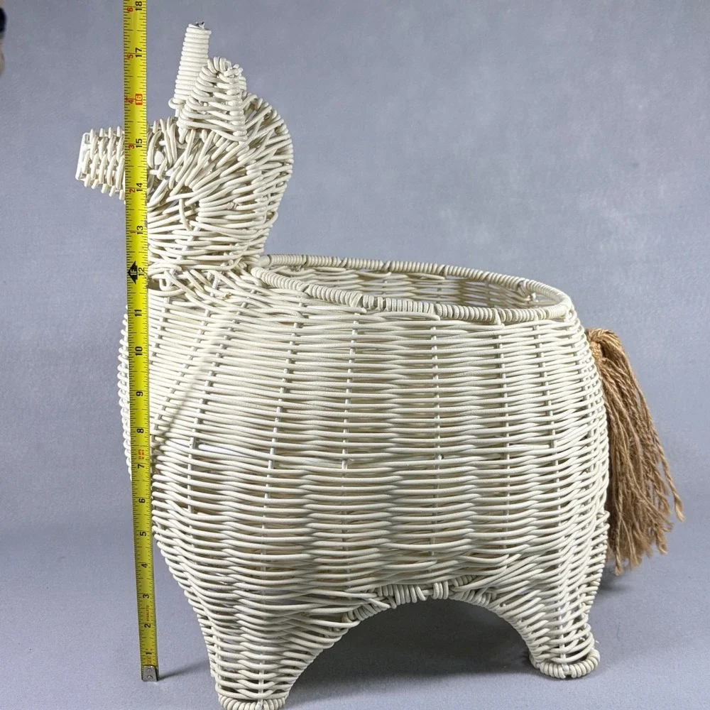 Whimsical Unicorn Storage Basket Display White Rattan Wicker Decor Boho Cottage